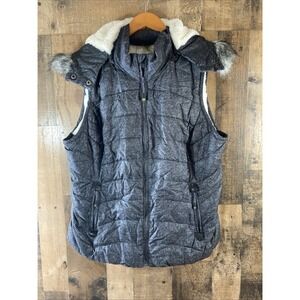 Green Tea Vest Womens XL Gray Black Faux Fur Hood Sherpa Lined Puffer Quilted